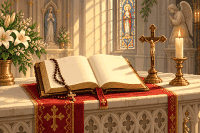 Open Bible on a stone altar with a rosary and crucifix