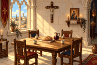 Empty family supper table by an arched window